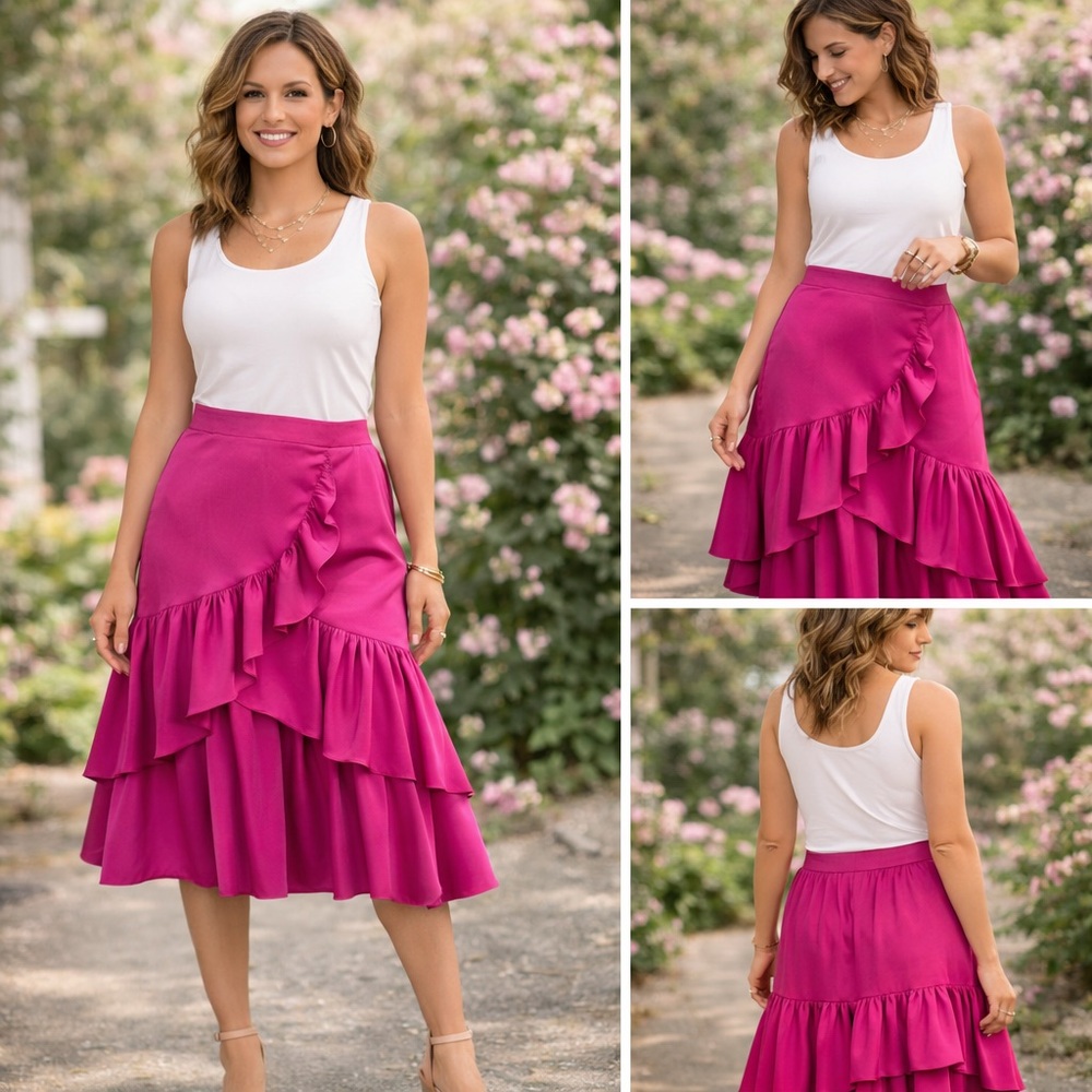 Lulumari Barbiecore Fuchsia Pink Ruffle Midi Skirt Small Flowy Layered Statement